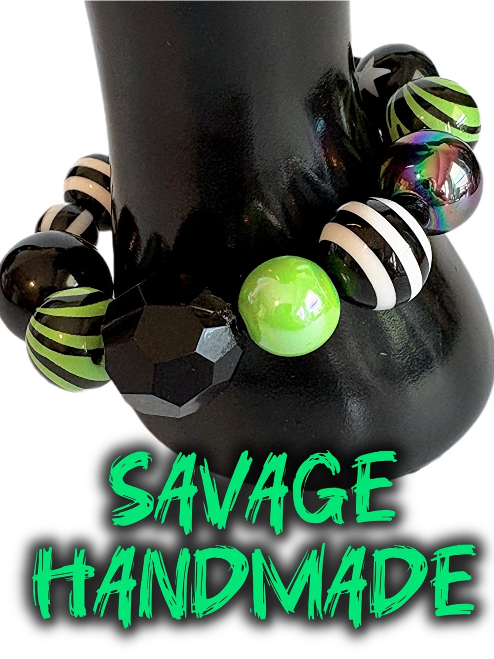 Handmade Black + Lime Green Chunky Beaded Stretch Bracelet